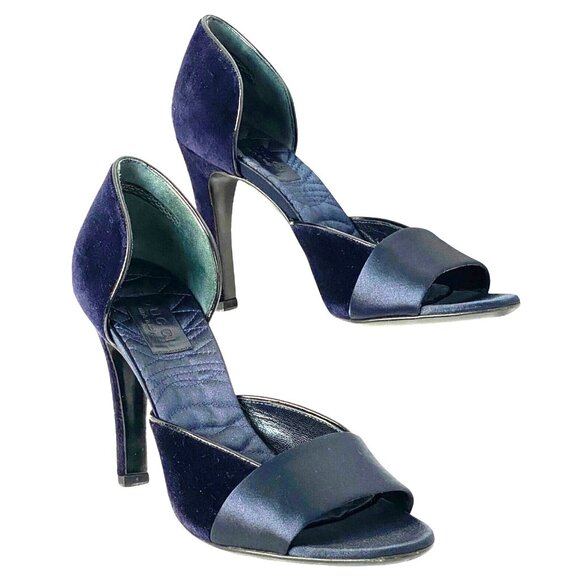 Gucci Navy Blue Velvet & Satin DOrsay Peep Toe Heels Size 7.5 Made In Italy - Picture 1 of 15